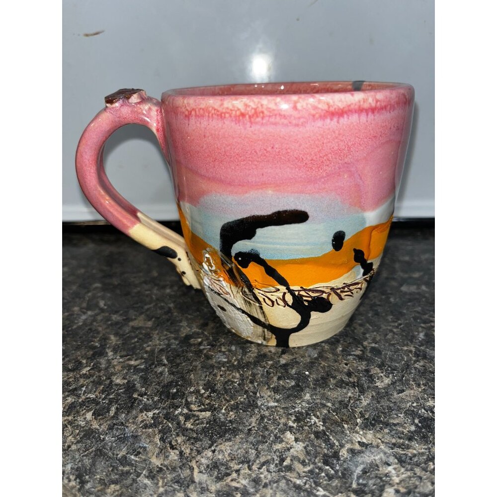 Martin Handmade Pottery Coffee Mug Pink Flowers and Freestyle